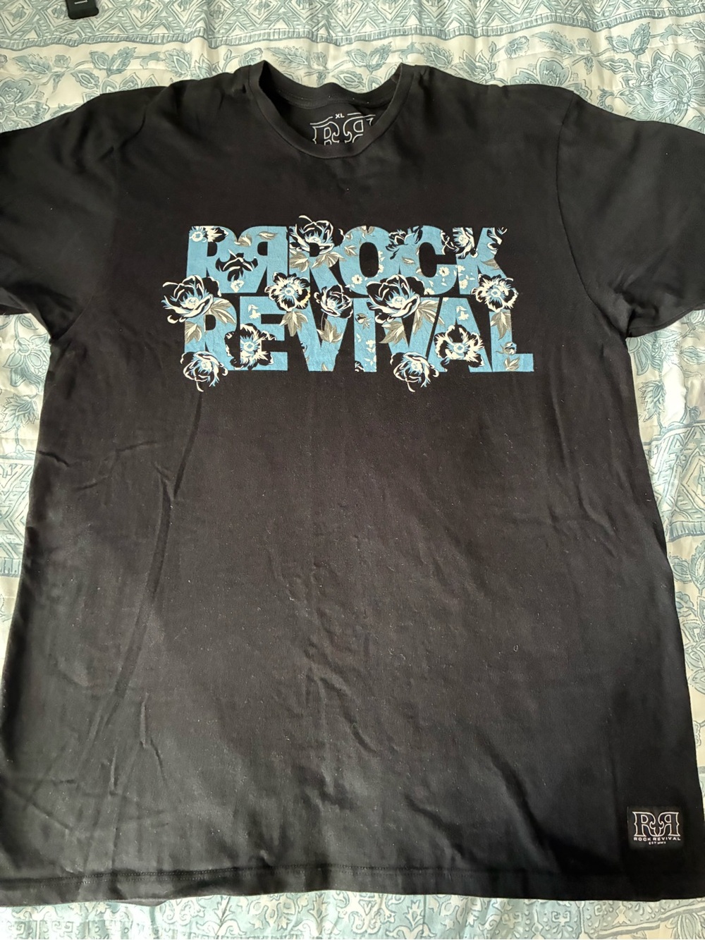 Rock Revival Black Short-Sleeve Tee with Blue Floral Logo